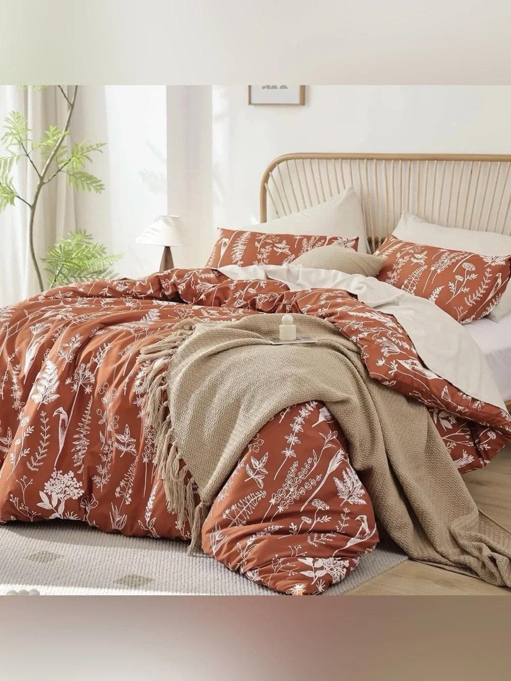 NEW West Elm Red Queen / King Size Comforter Botanical Print Bedding Sham Set